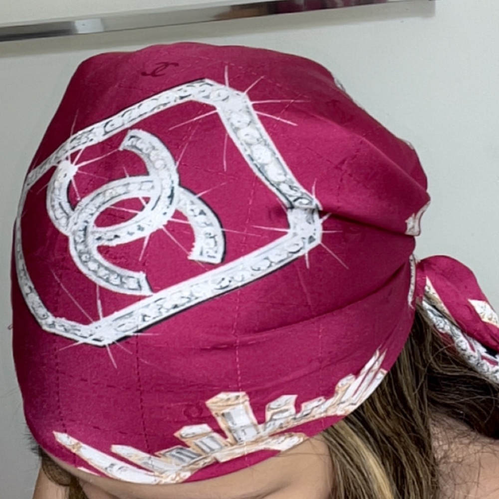 CHANEL Burgundy Gold Silk Scarf with Iconic Motifs